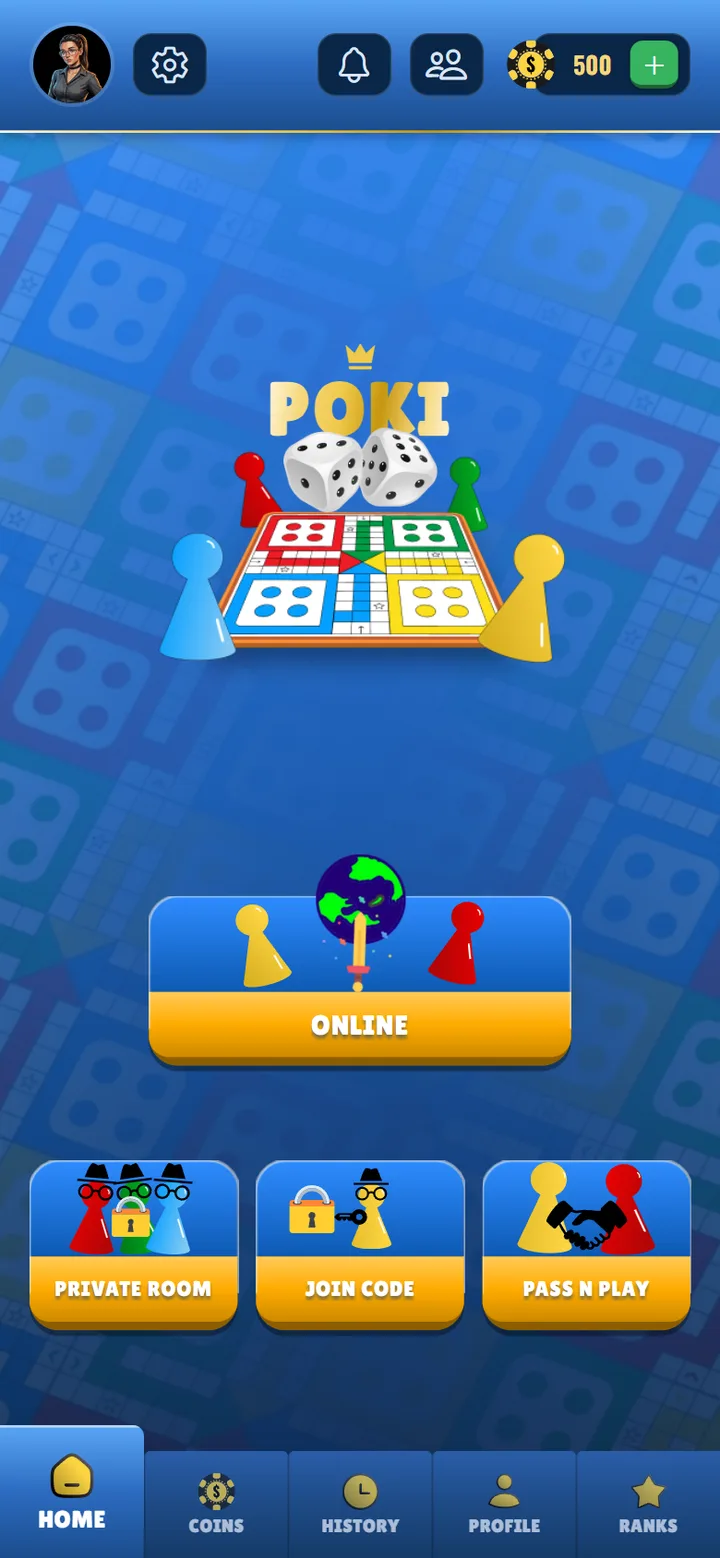 The Poki home screen, showing the Online, Private Room, Join Code and Pass N Play modes